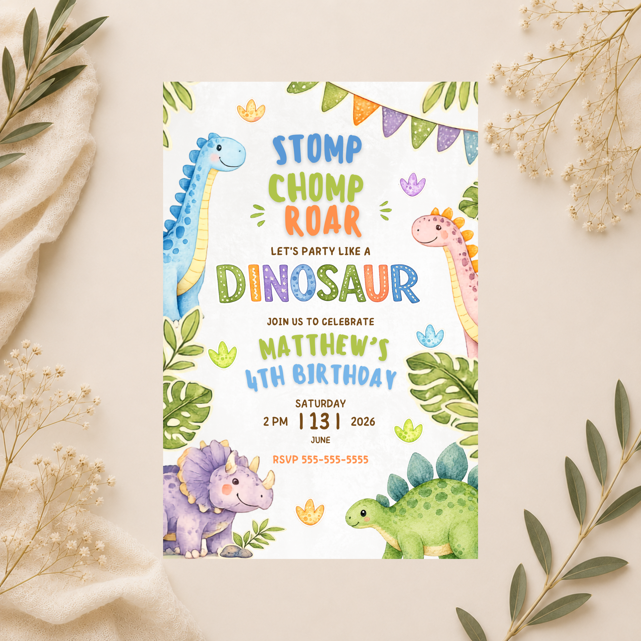 Dinosaur Birthday Invitation | Editable Canva Template