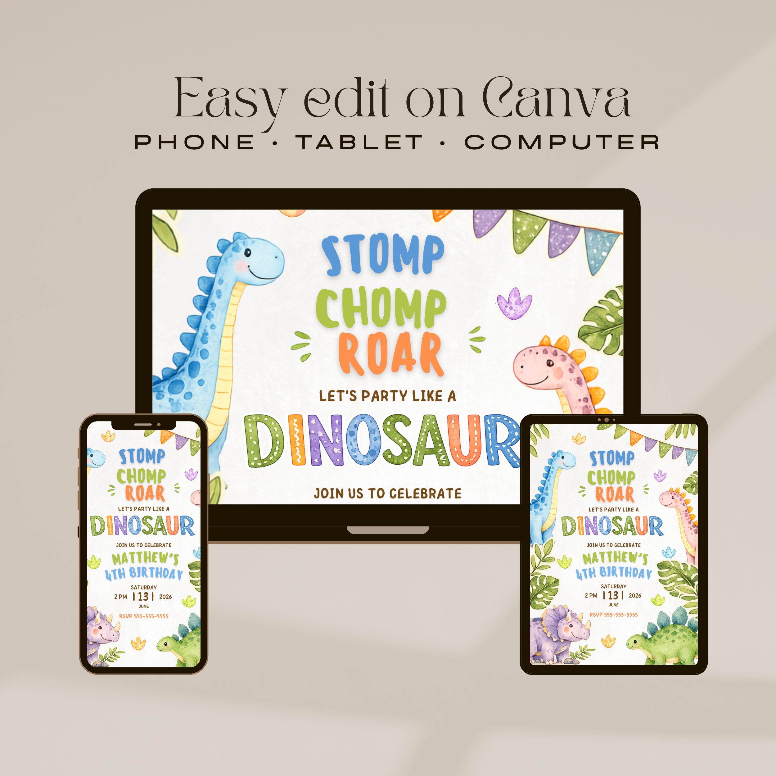 Dinosaur Birthday Invitation | Editable Canva Template