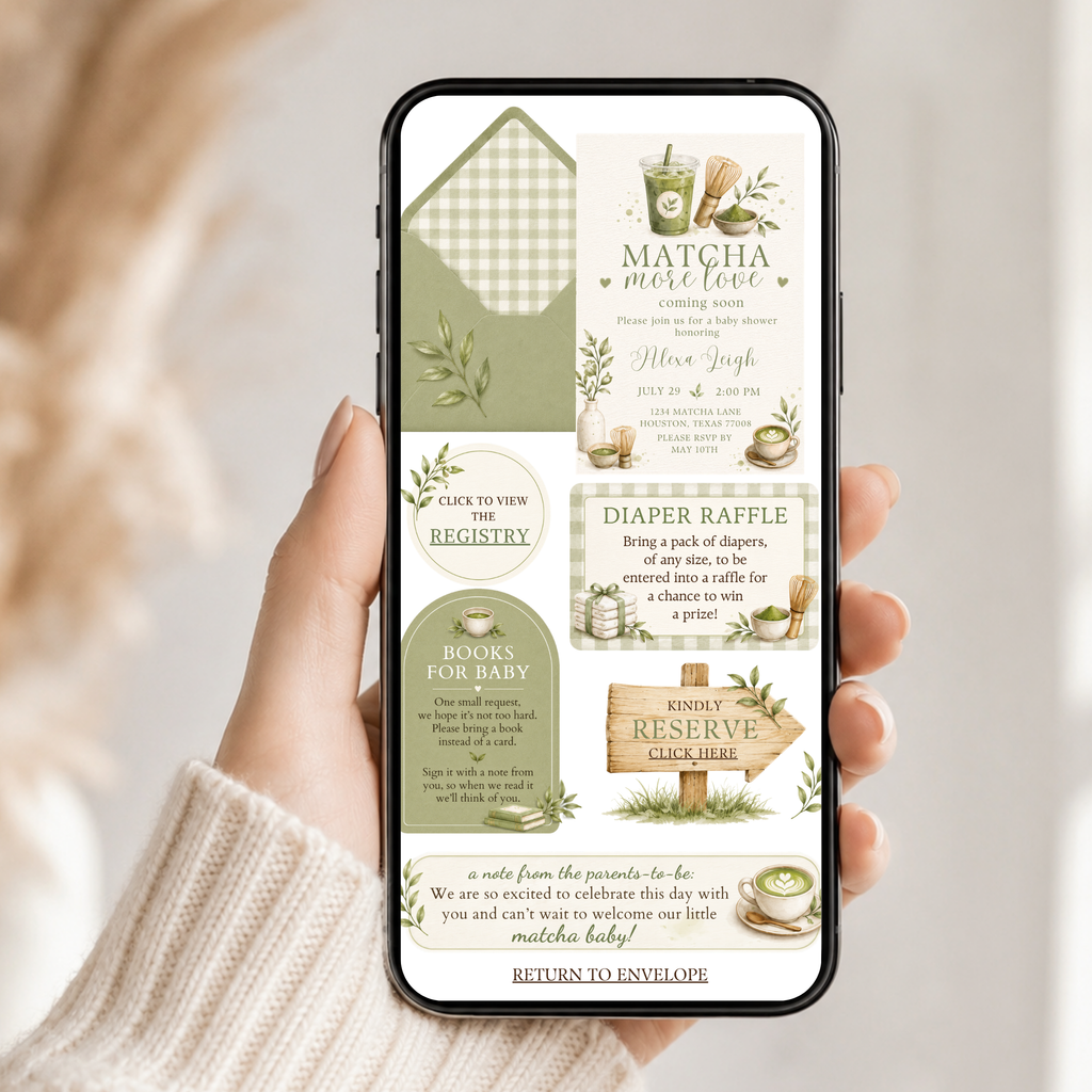 Matcha More Love Baby Shower Interactive Invitation | Editable Canva Template