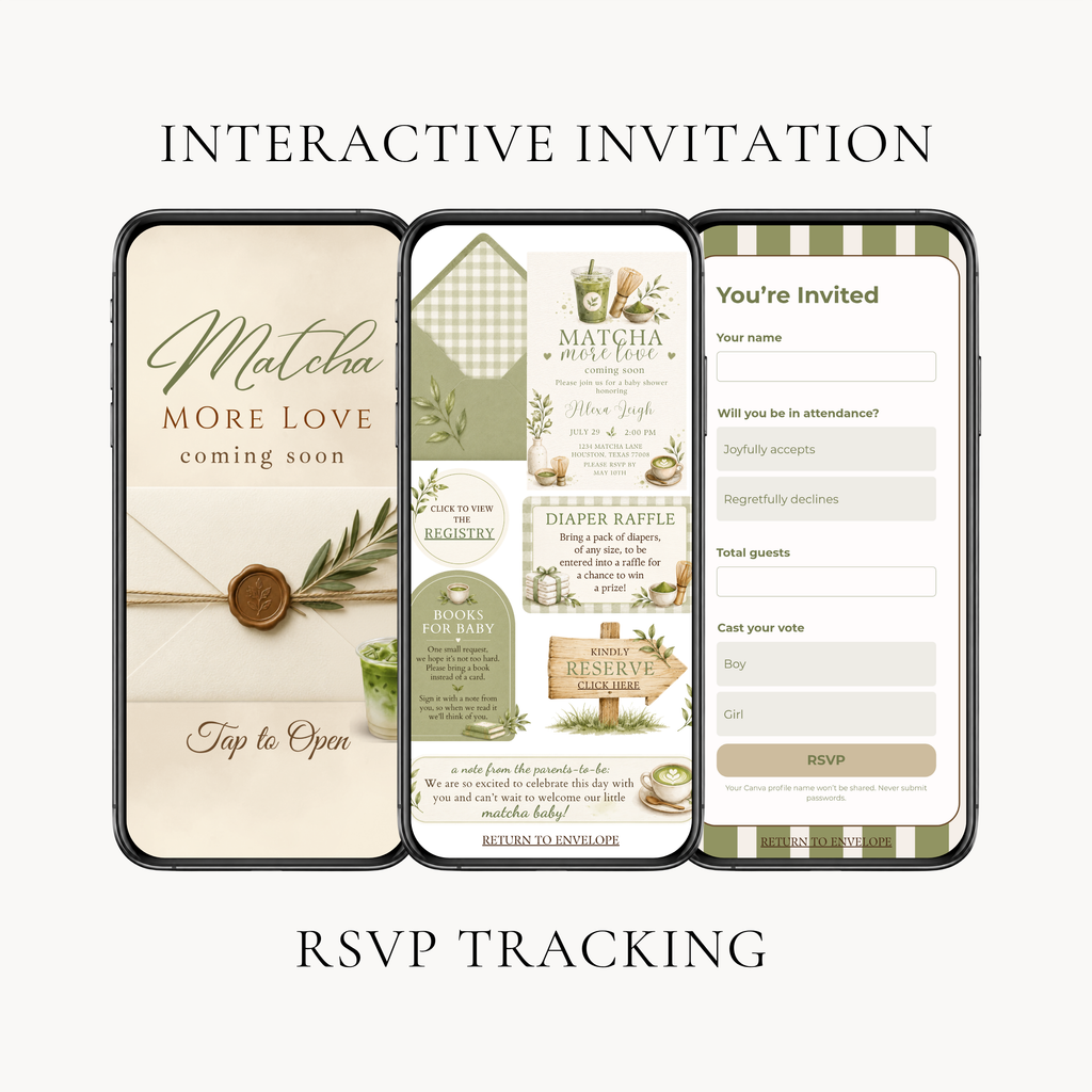 Matcha More Love Baby Shower Interactive Invitation | Editable Canva Template