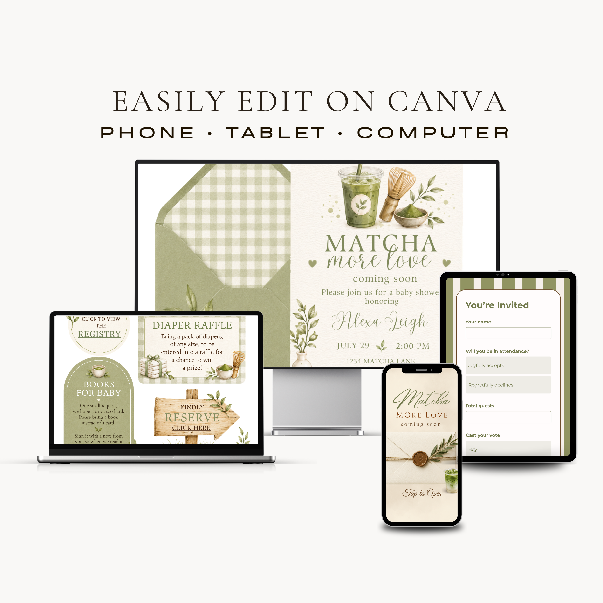 Matcha More Love Baby Shower Interactive Invitation | Editable Canva Template