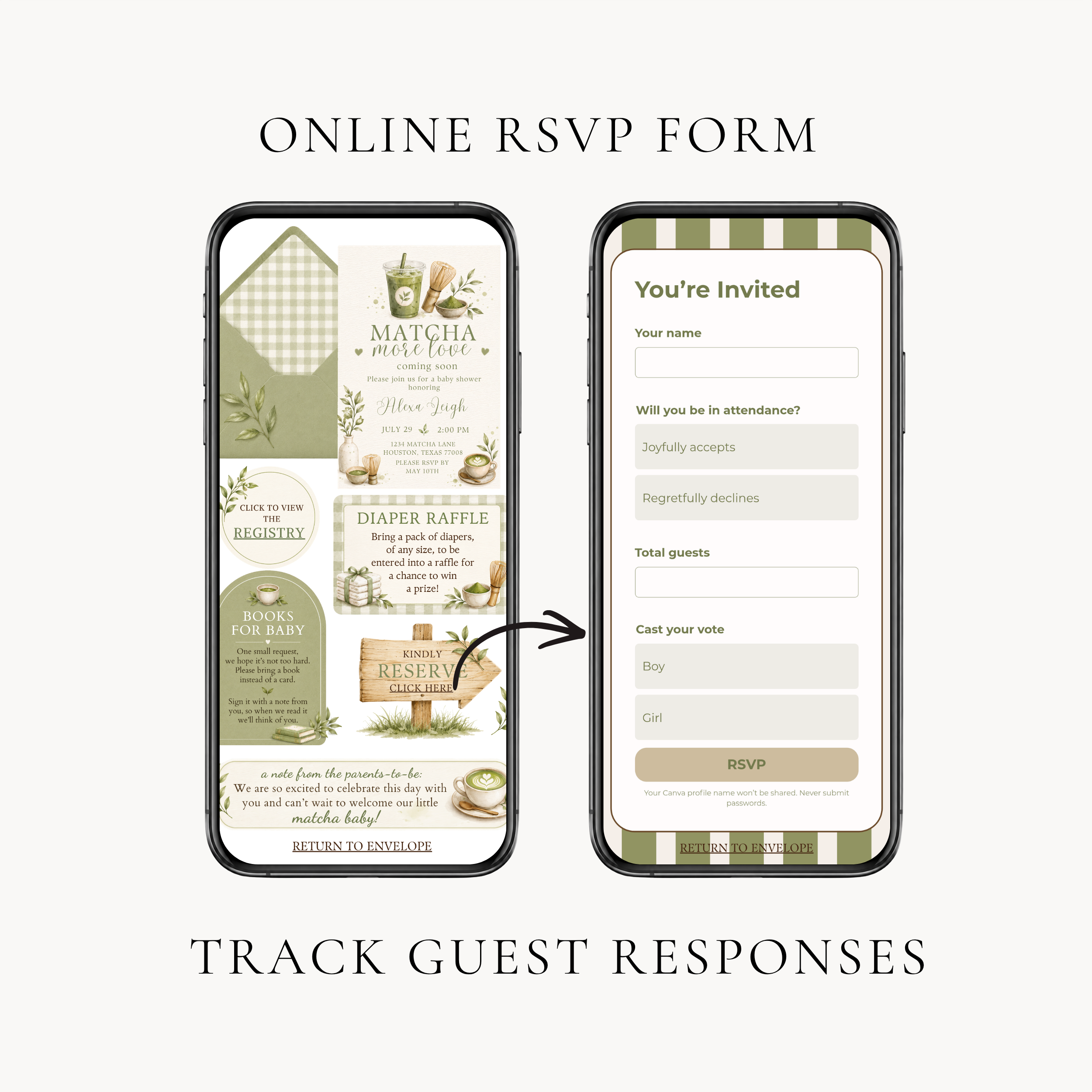Matcha More Love Baby Shower Interactive Invitation | Editable Canva Template