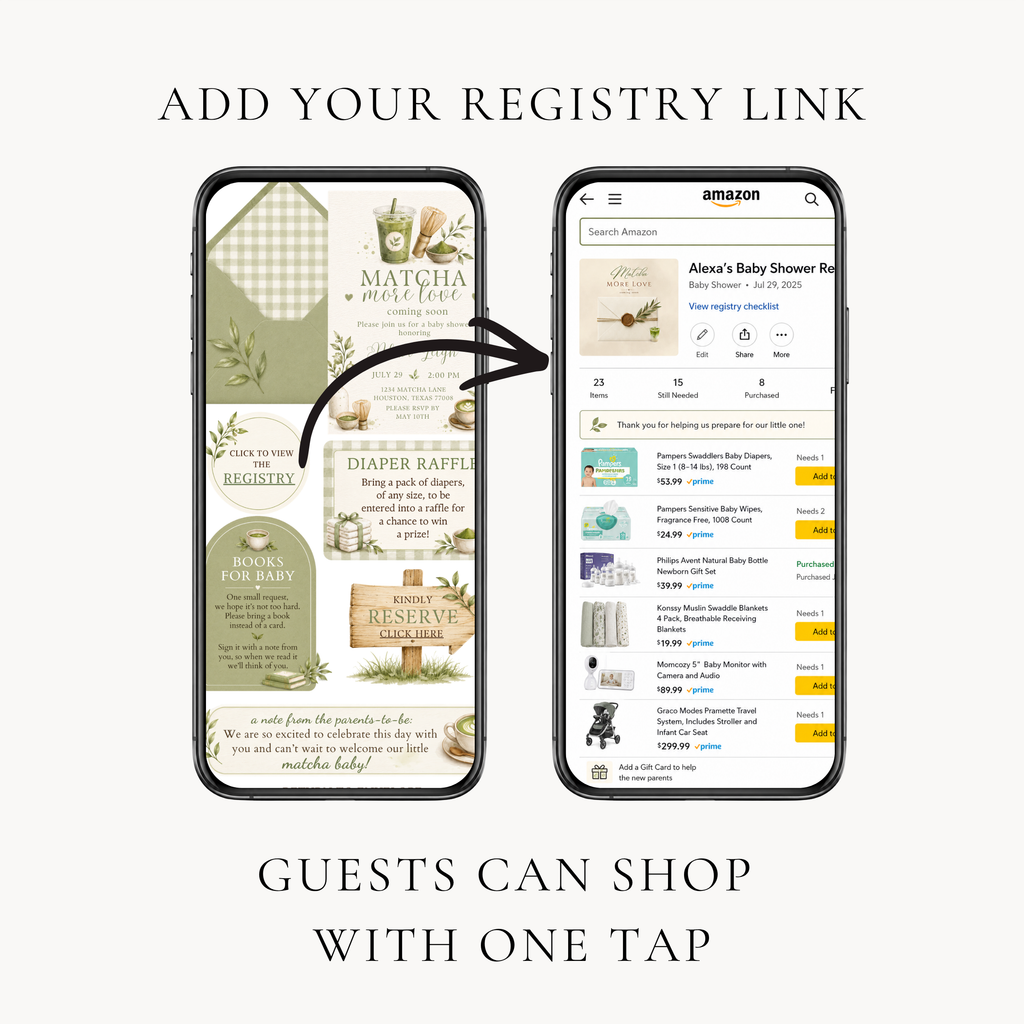 Matcha More Love Baby Shower Interactive Invitation | Editable Canva Template