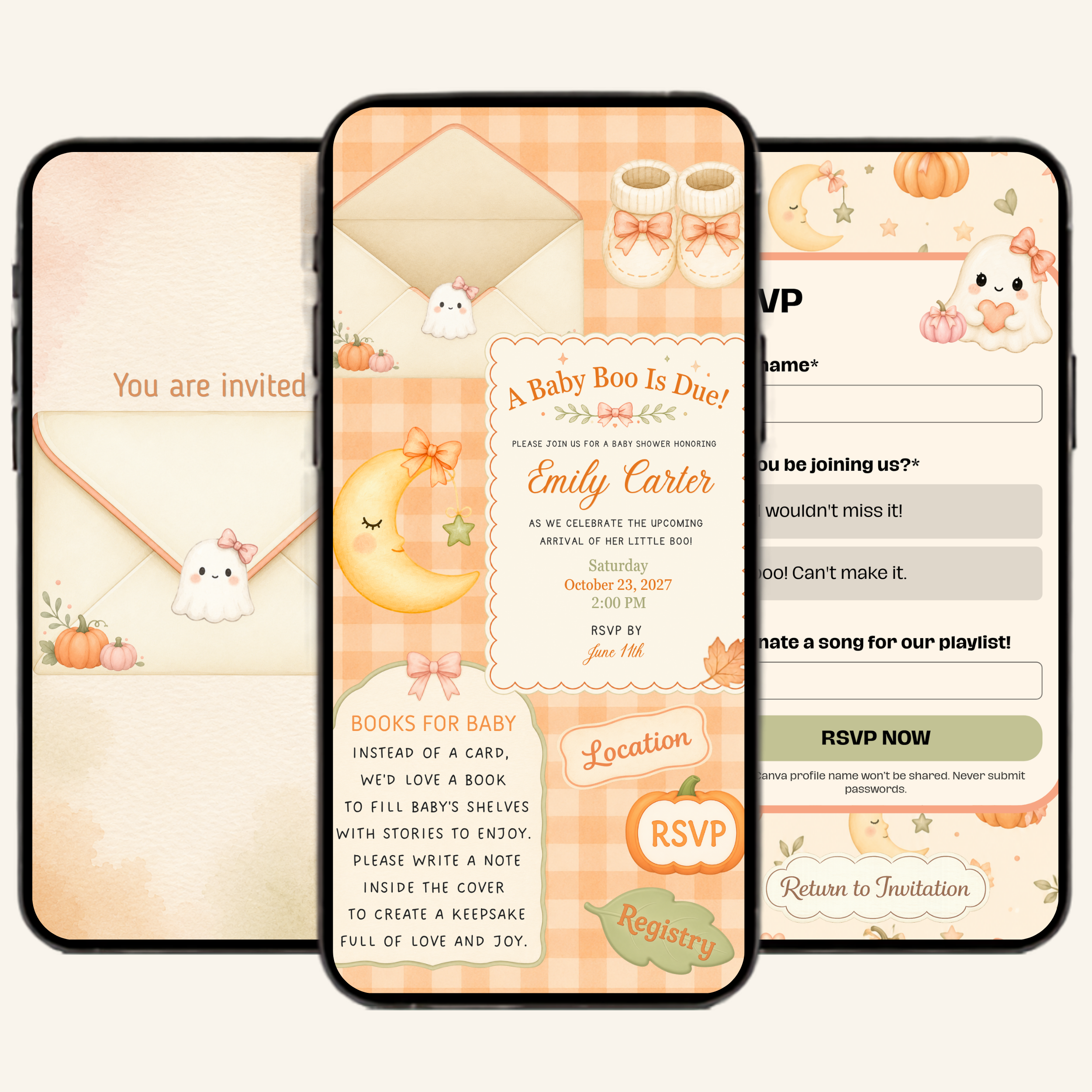 A Little Boo Is Due Baby Shower Interactive Invitation | Editable Canva Template
