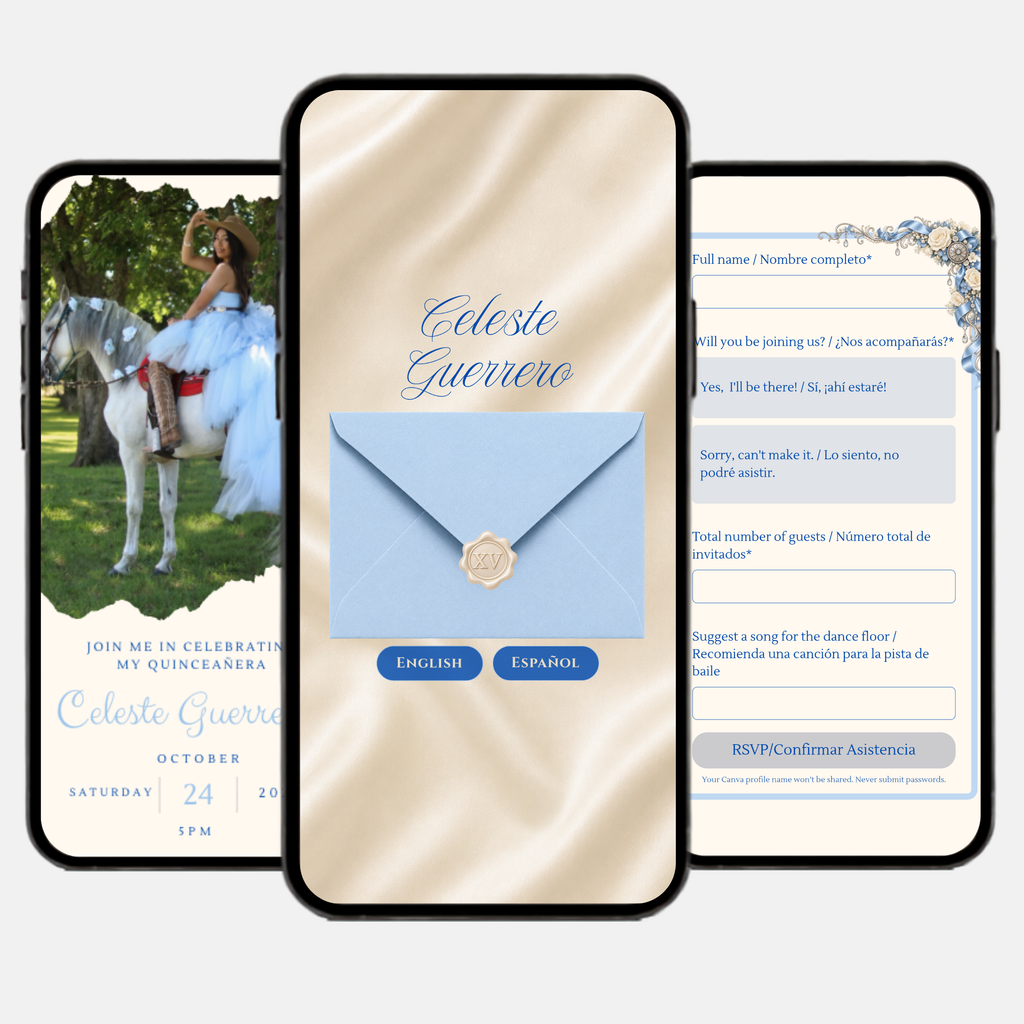 Baby Blue & Navy Western Quinceañera Interactive Invitation (English & Spanish)