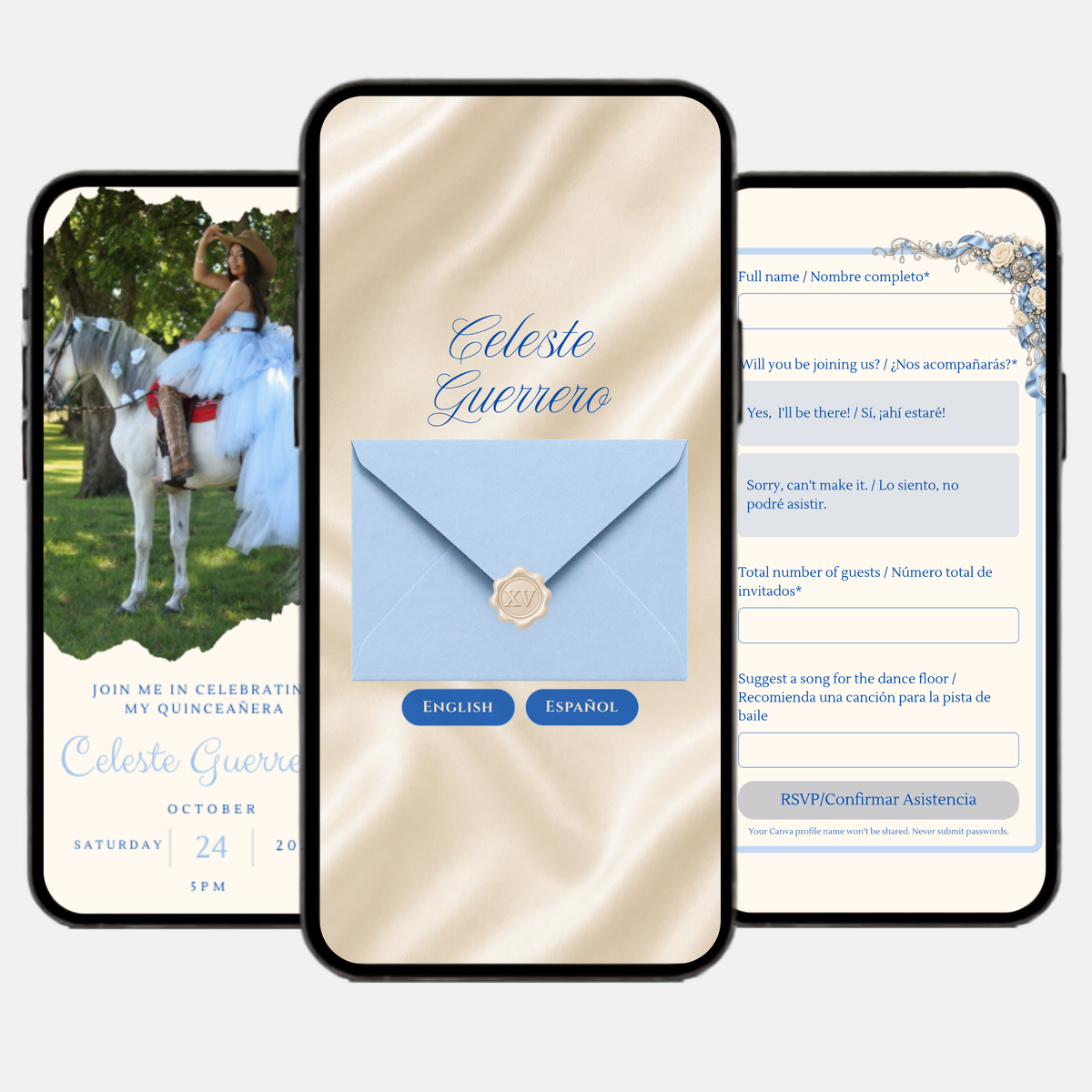 Baby Blue & Navy Western Quinceañera Interactive Invitation (English & Spanish)