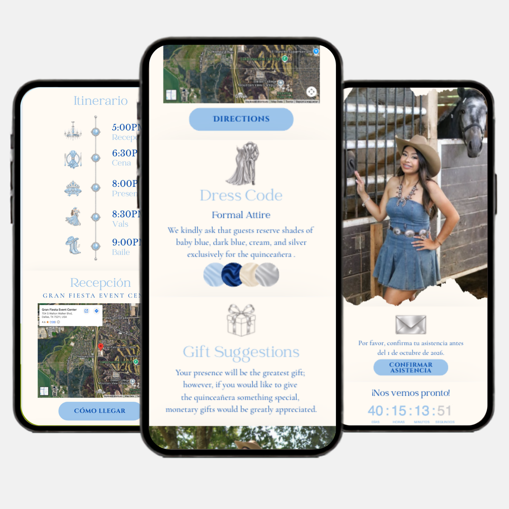 Baby Blue & Navy Western Quinceañera Interactive Invitation (English & Spanish)