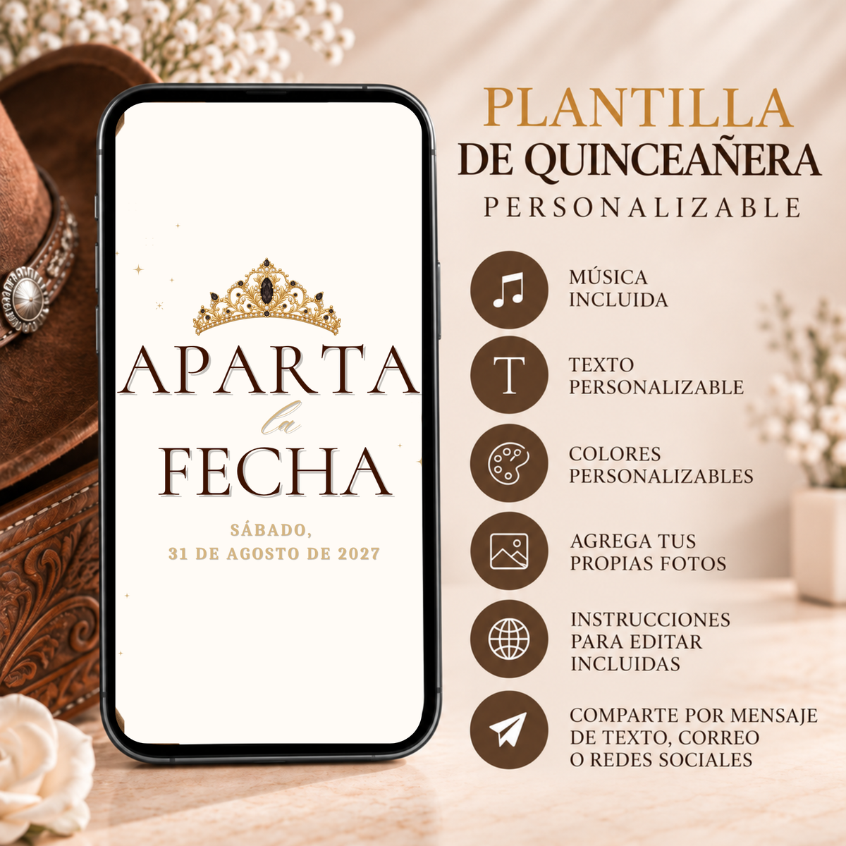 Vaquera Quinceañera Save the Date (Spanish)