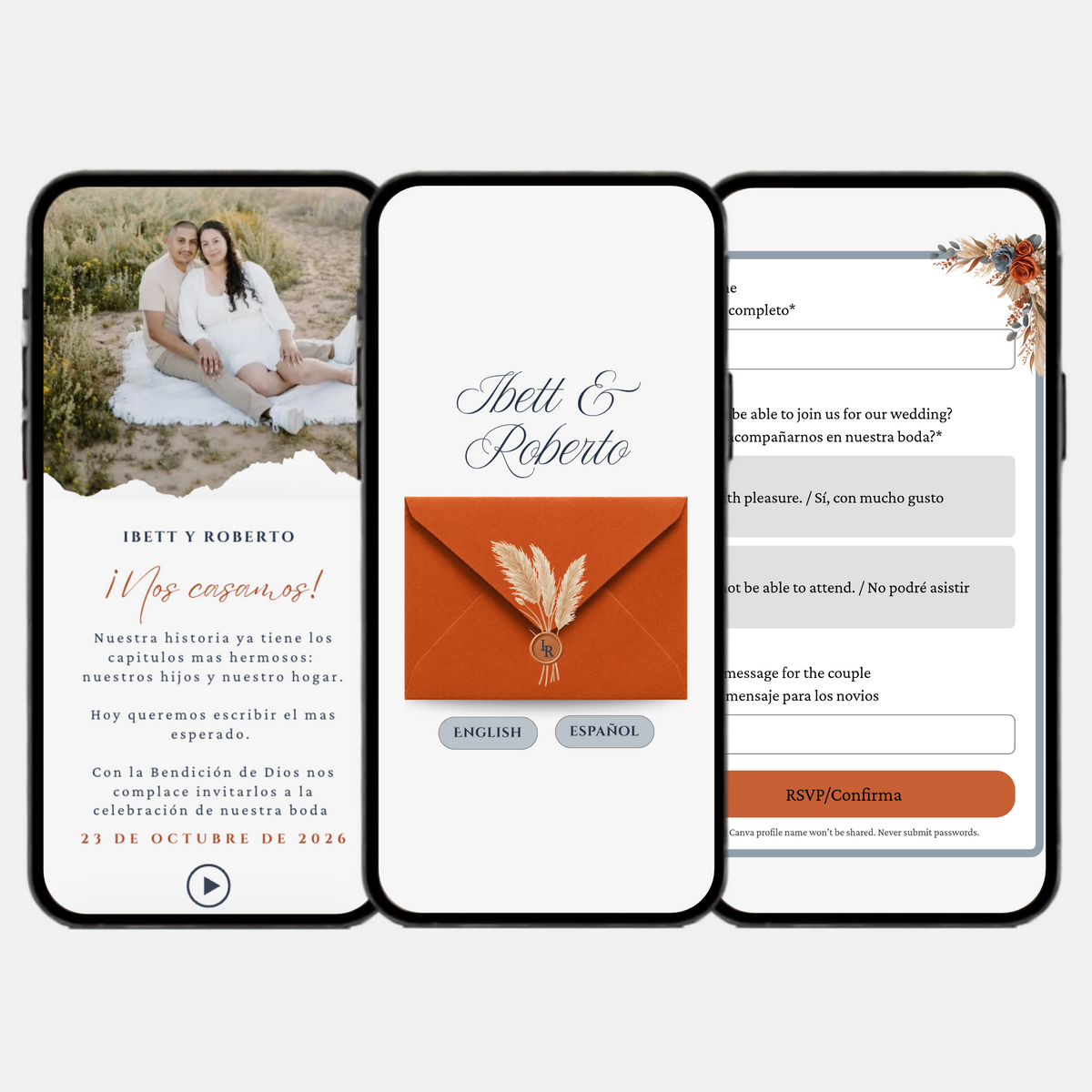 Burnt Orange & Navy Wedding Interactive Invitation (English & Spanish)