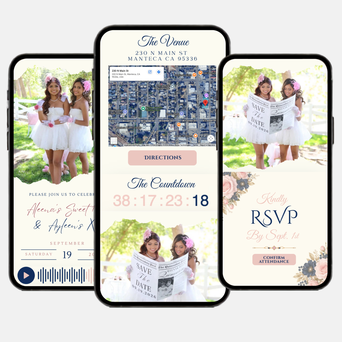 Pink & Navy Quinceañera / Sweet 16 Interactive Invitation