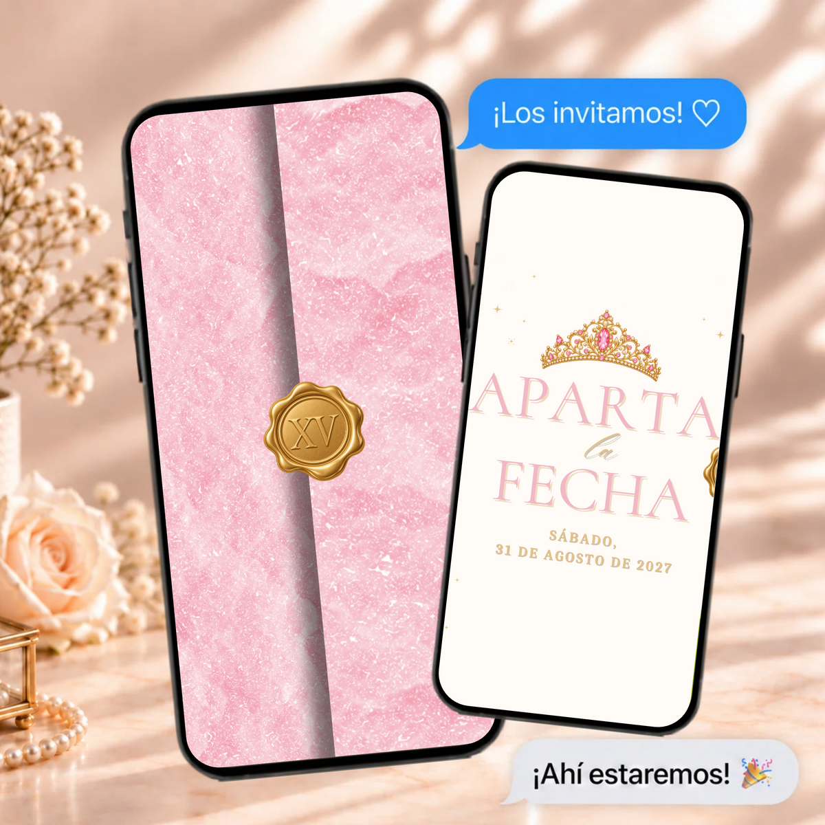 Pink & Gold Quinceañera Save the Date (Spanish)