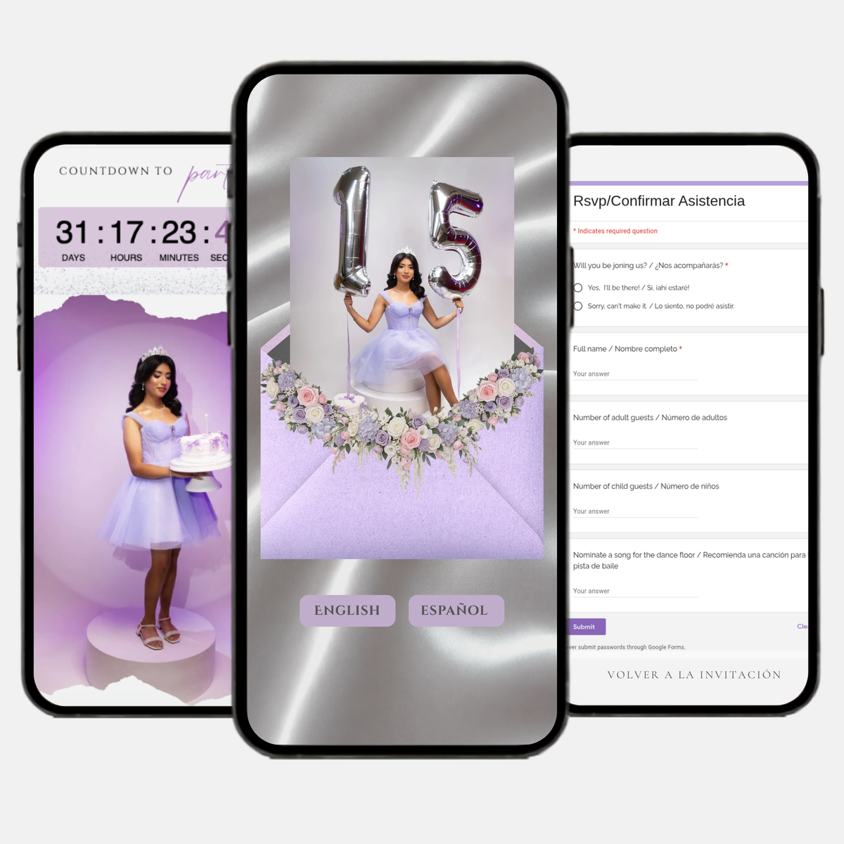 Silver & Lilac Quinceañera Interactive Invitation (English & Spanish)
