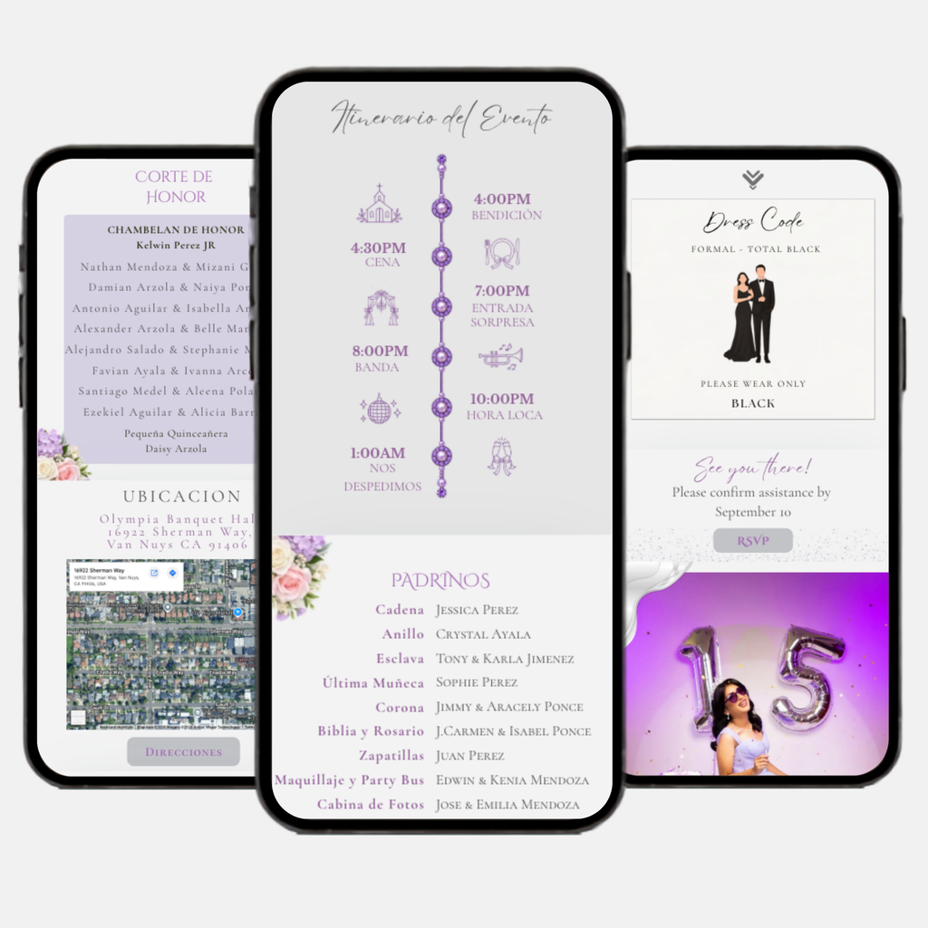 Silver & Lilac Quinceañera Interactive Invitation (English & Spanish)