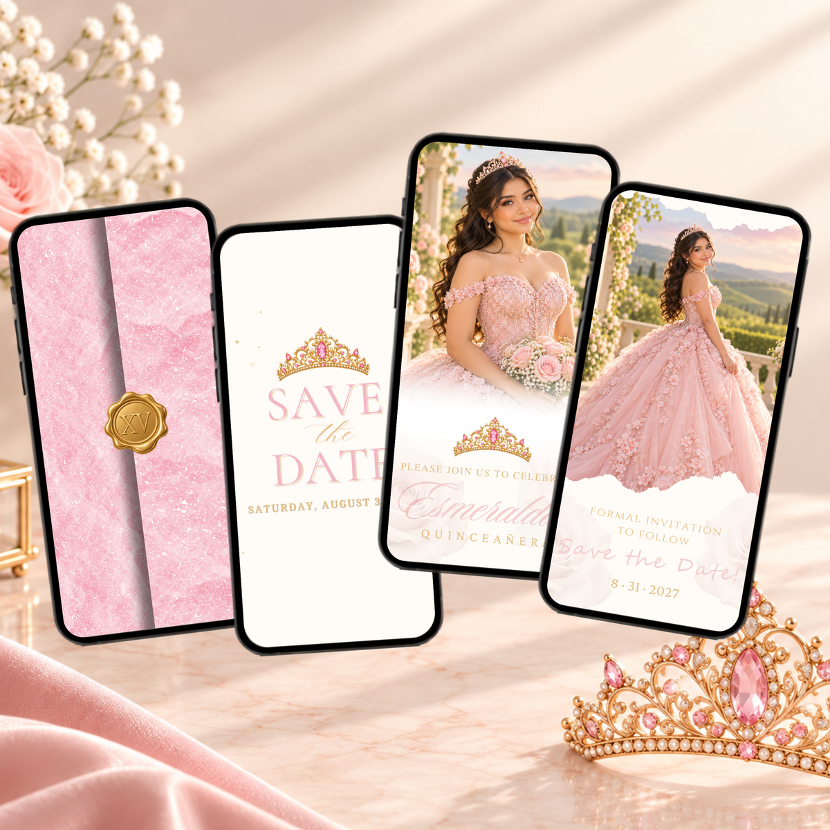 Pink & Gold Quinceañera Save the Date (English)