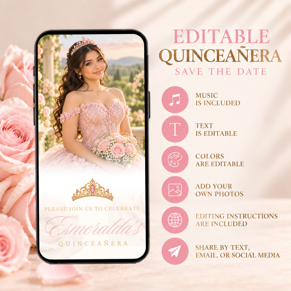 Pink & Gold Quinceañera Save the Date (English)