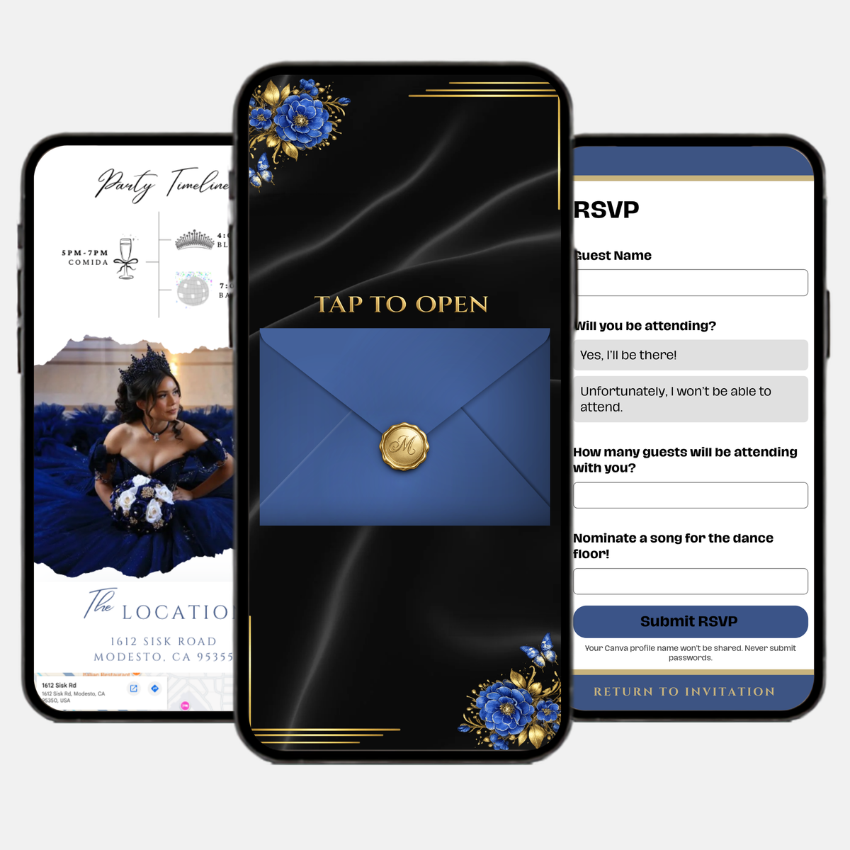 Blue & Gold Quinceañera Interactive Invitation