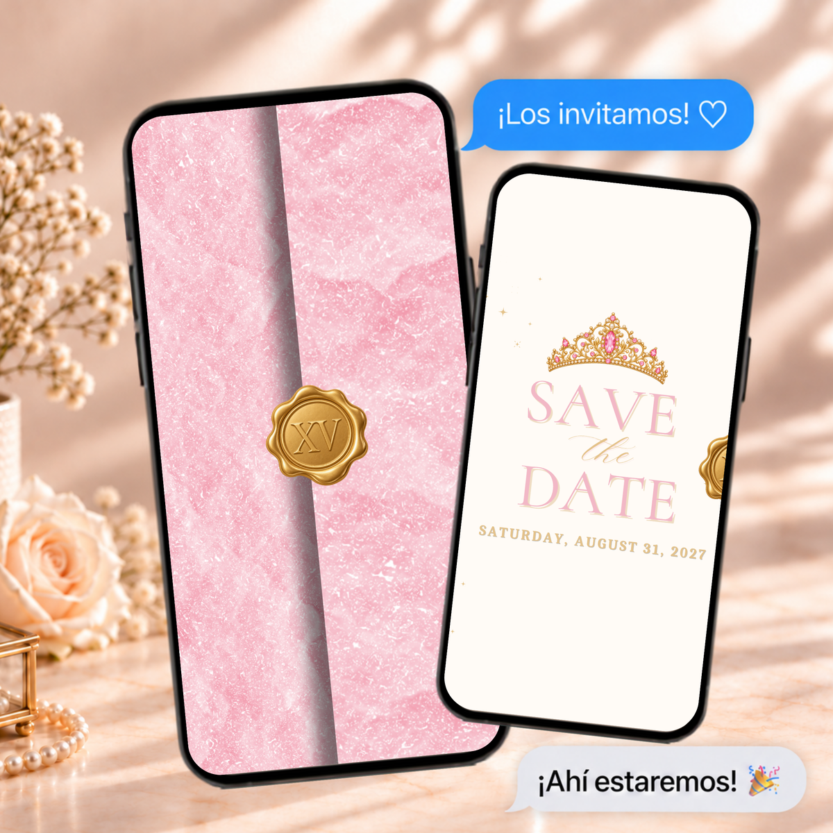 Pink & Gold Quinceañera Save the Date (Spanish)