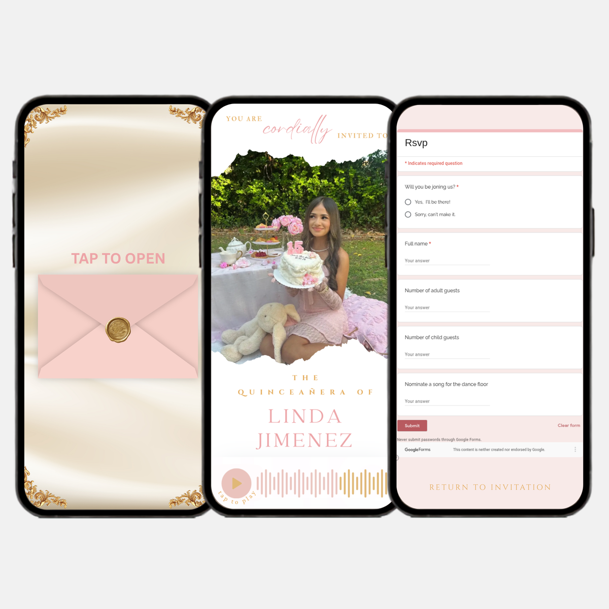 Light Pink & Gold Quinceañera Interactive Invitation
