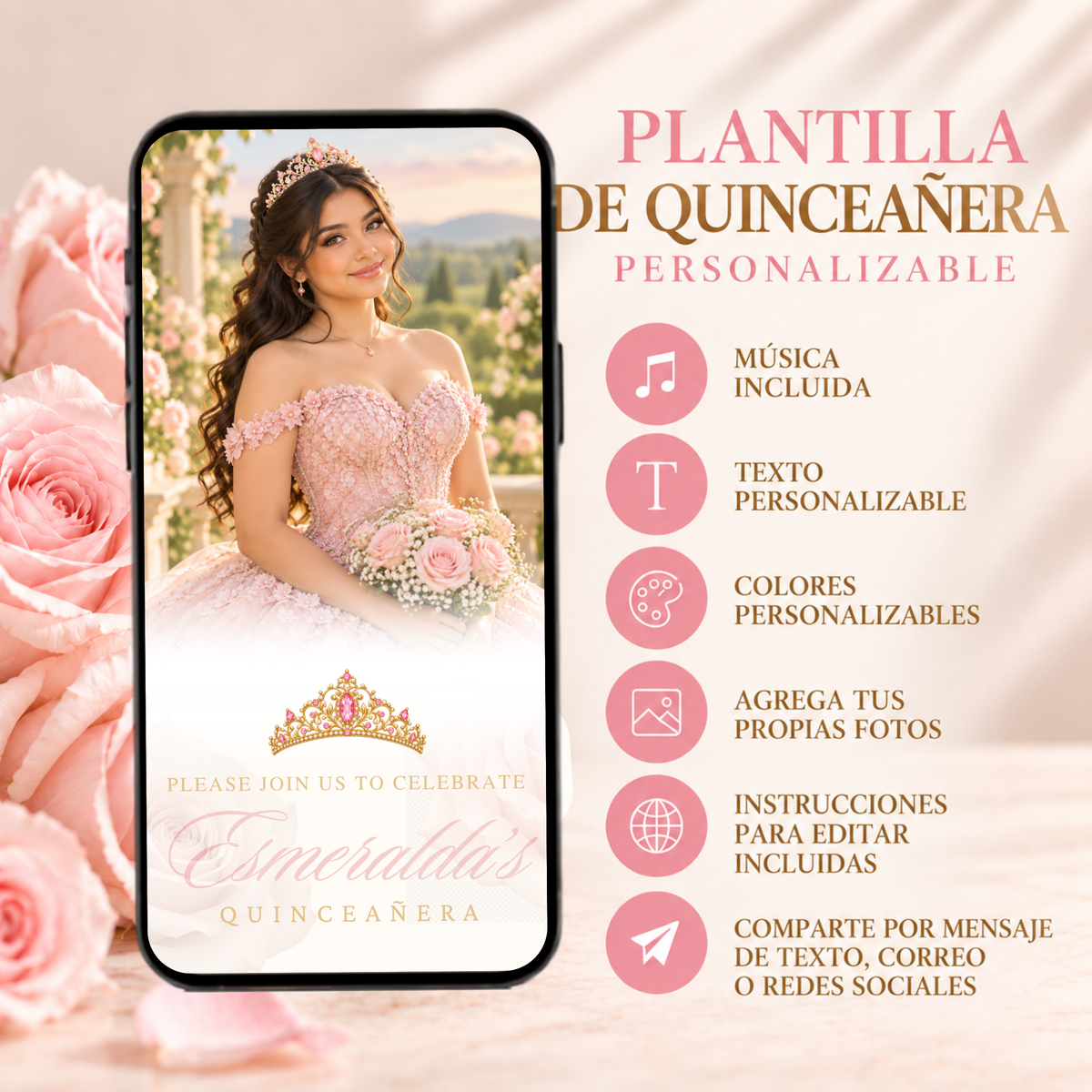 Pink & Gold Quinceañera Save the Date (Spanish)