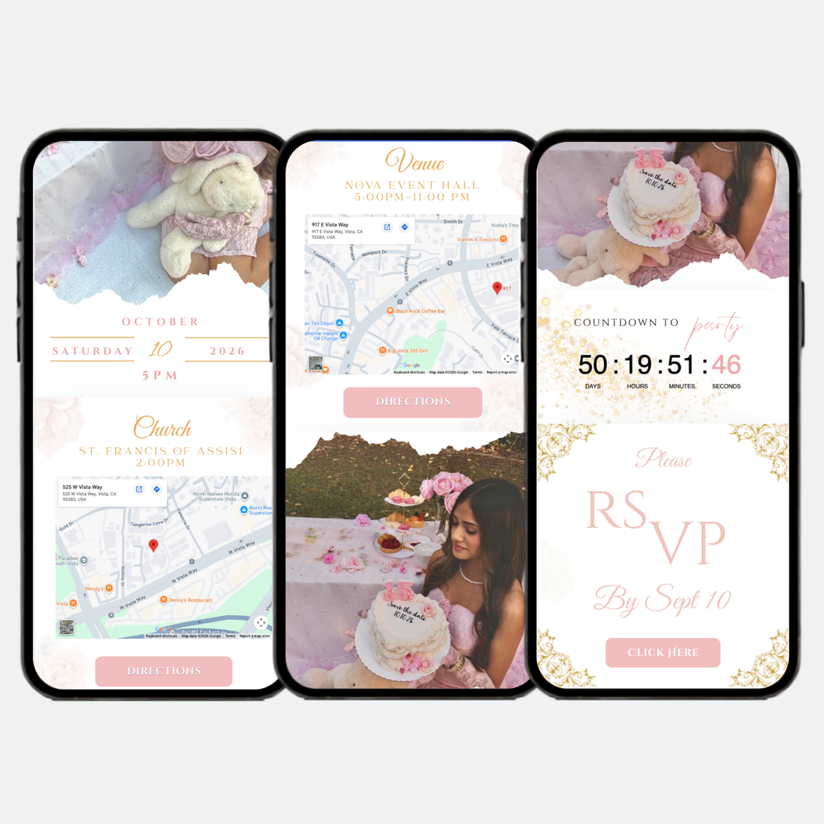 Light Pink & Gold Quinceañera Interactive Invitation