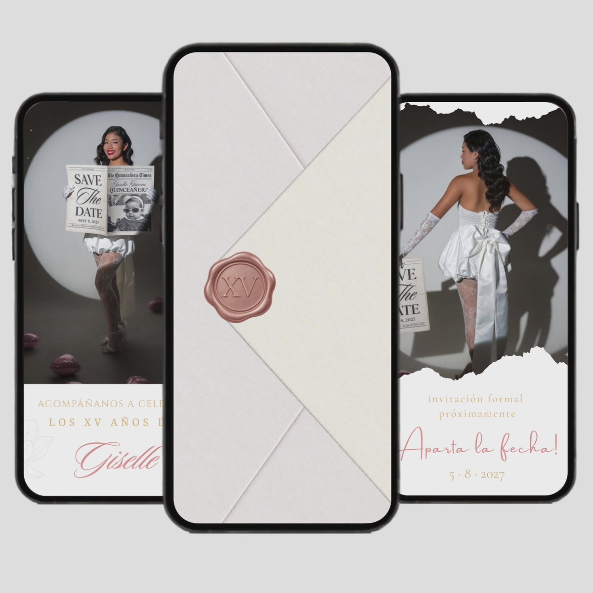White & Rose Gold Quinceañera Save the Date (Spanish)