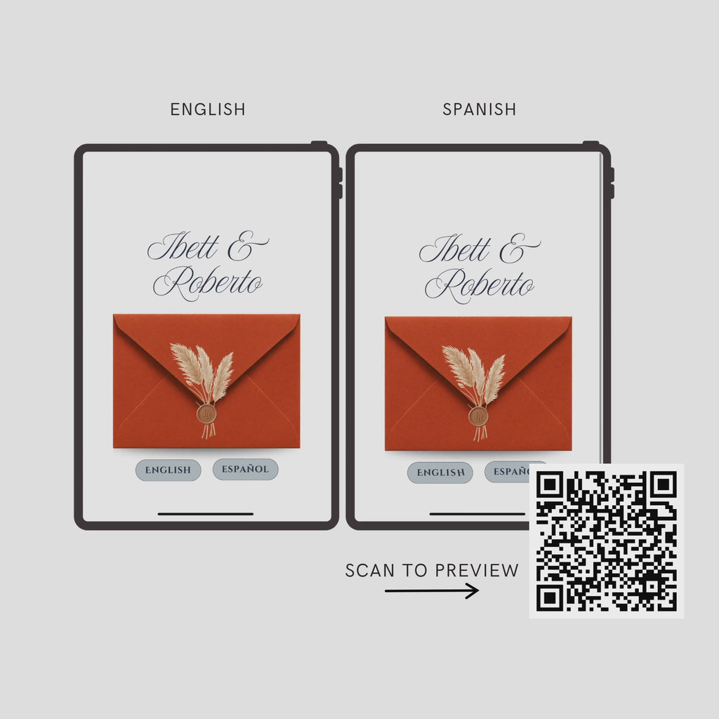 Burnt Orange & Navy Wedding Interactive Invitation (English & Spanish)