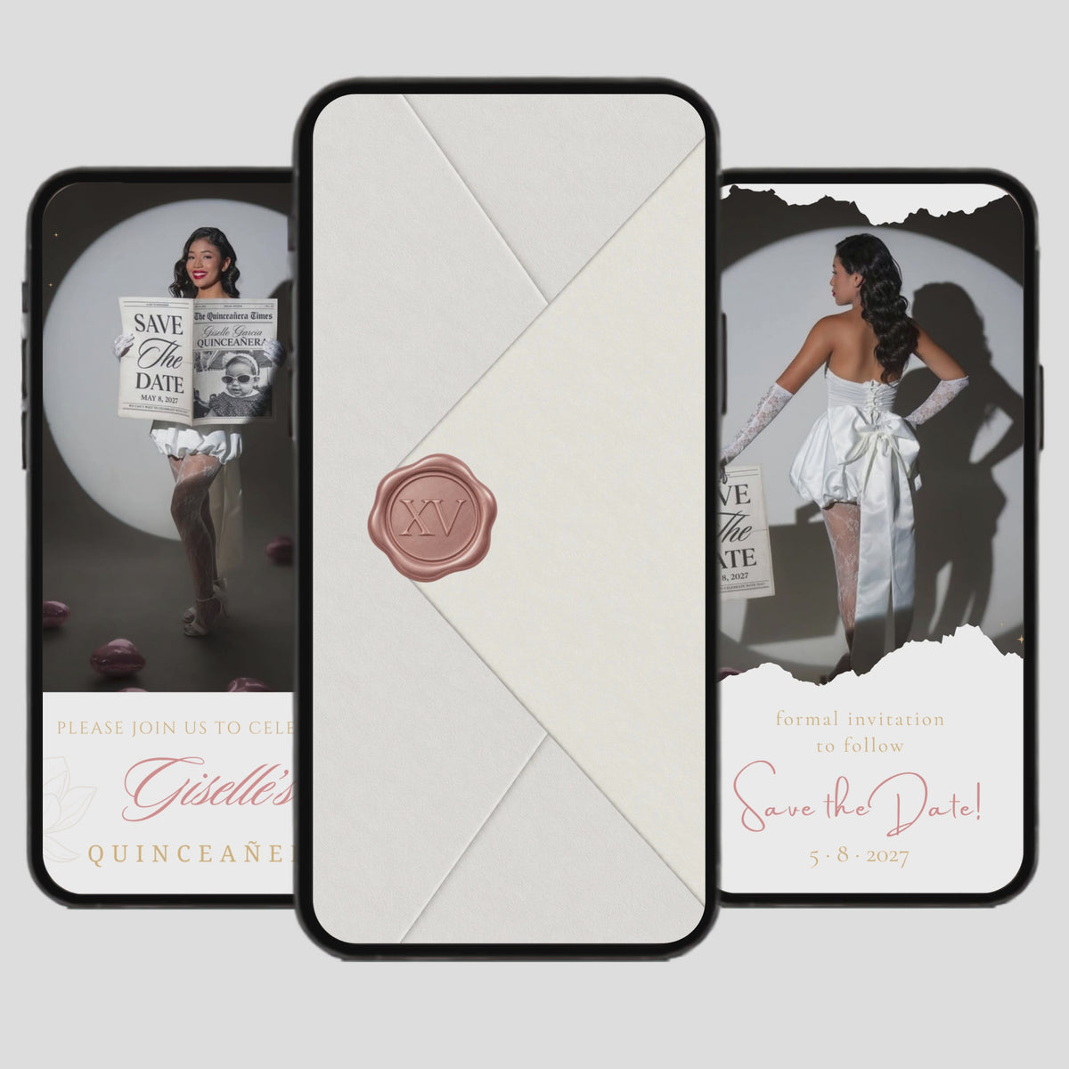 White & Rose Gold Quinceañera Save the Date (English)